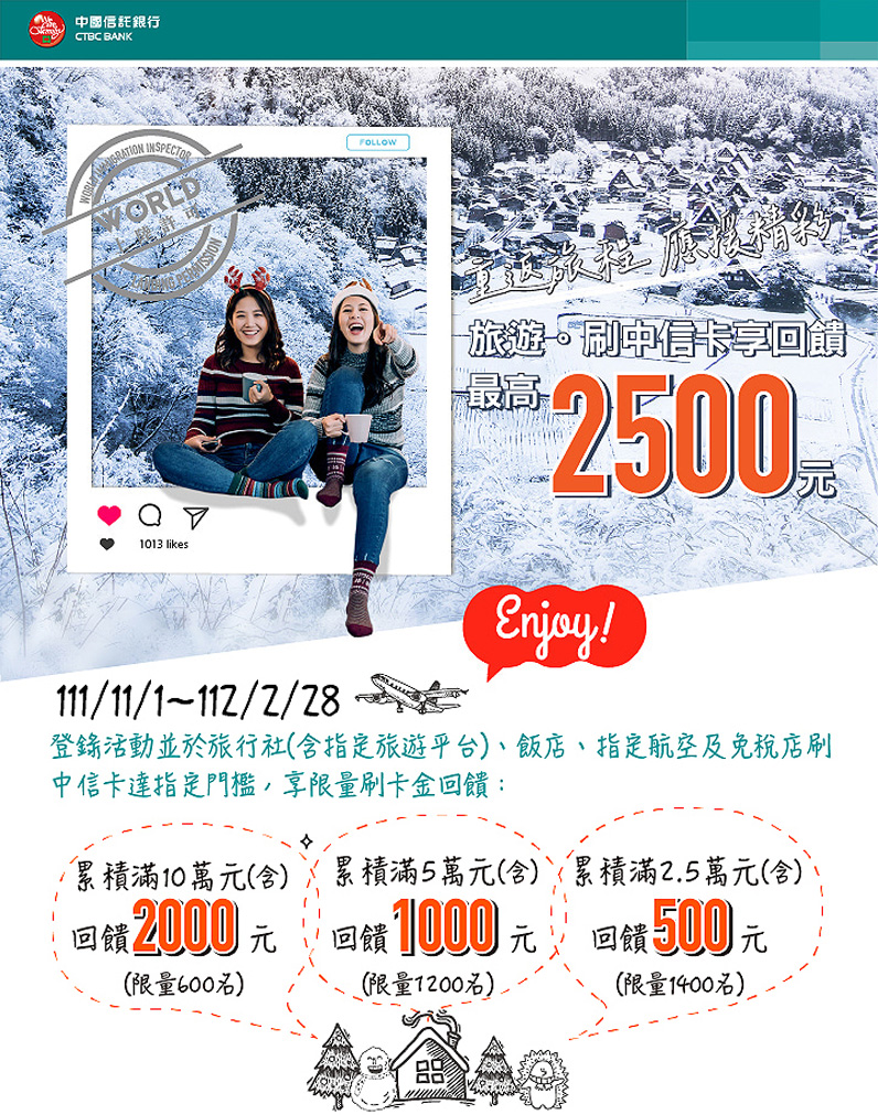 中國信託信用卡卡友享金展指定行程優惠！